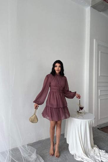 ŞİFON KATLI UZUN KOL ELBİSE - Pudra resmi